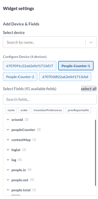 The Select device and Select fields inputs in the Data table settings