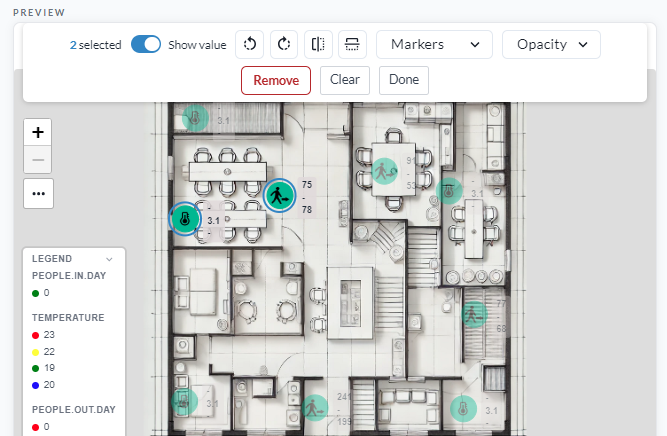 The floor plan selection bar above a plan, reading two selected, with a Show value toggle, rotate left and right, two flip controls, Markers and Opacity menus, and Remove, Clear and Done