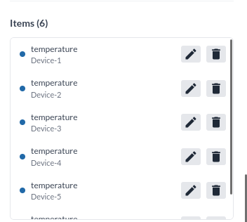 The Items section, listing the added devices with edit and remove buttons