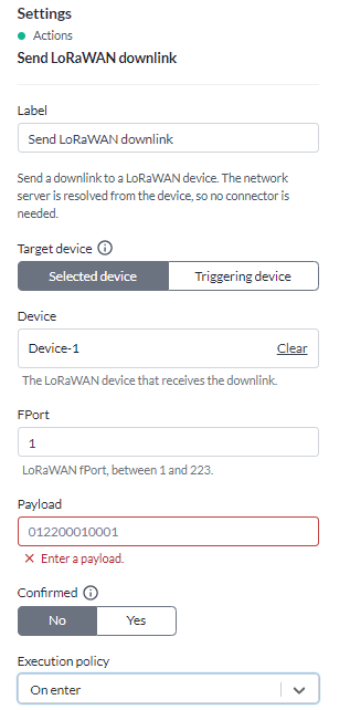 The Settings panel for the Send LoRaWAN downlink action, with the connector, port and payload