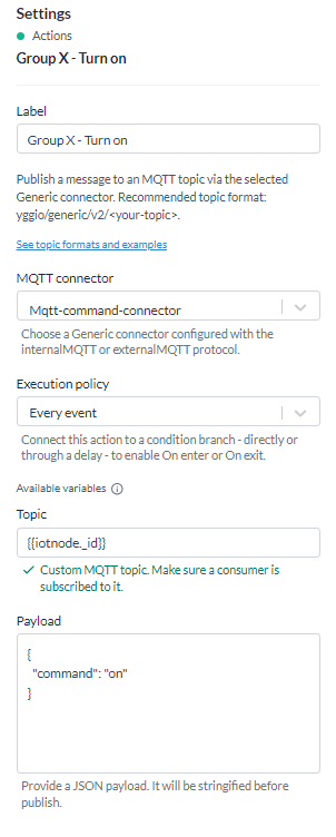 The Settings panel for the Send MQTT action, with the connector, topic and message body