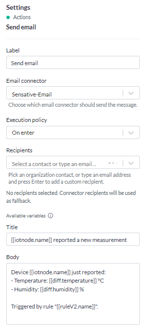 The Settings panel for the Send email action, with recipients, subject and body
