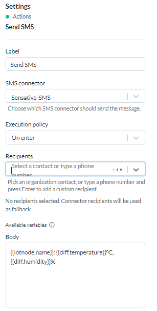 The Settings panel for the Send SMS action, with recipients and the message text