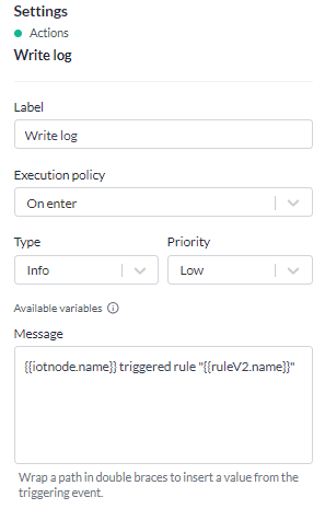 The Settings panel for the Write log action, with the log message