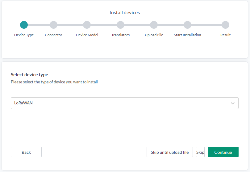 The Install devices guide, with the Device Type, Connector, Device Model, Translators, Upload File, Start Installation and Result steps in the progress bar
