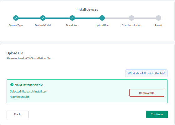 The Upload File step with an accepted file, showing "Valid installation file", the selected file name and 4 devices found, and the "What should I put in the file?" link