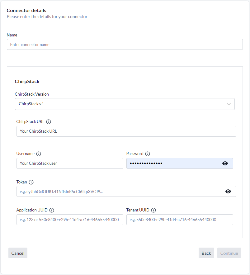 ChirpStack connector details with ChirpStack Version set to v4, showing a single ChirpStack URL plus username, password, token, application UUID and tenant UUID