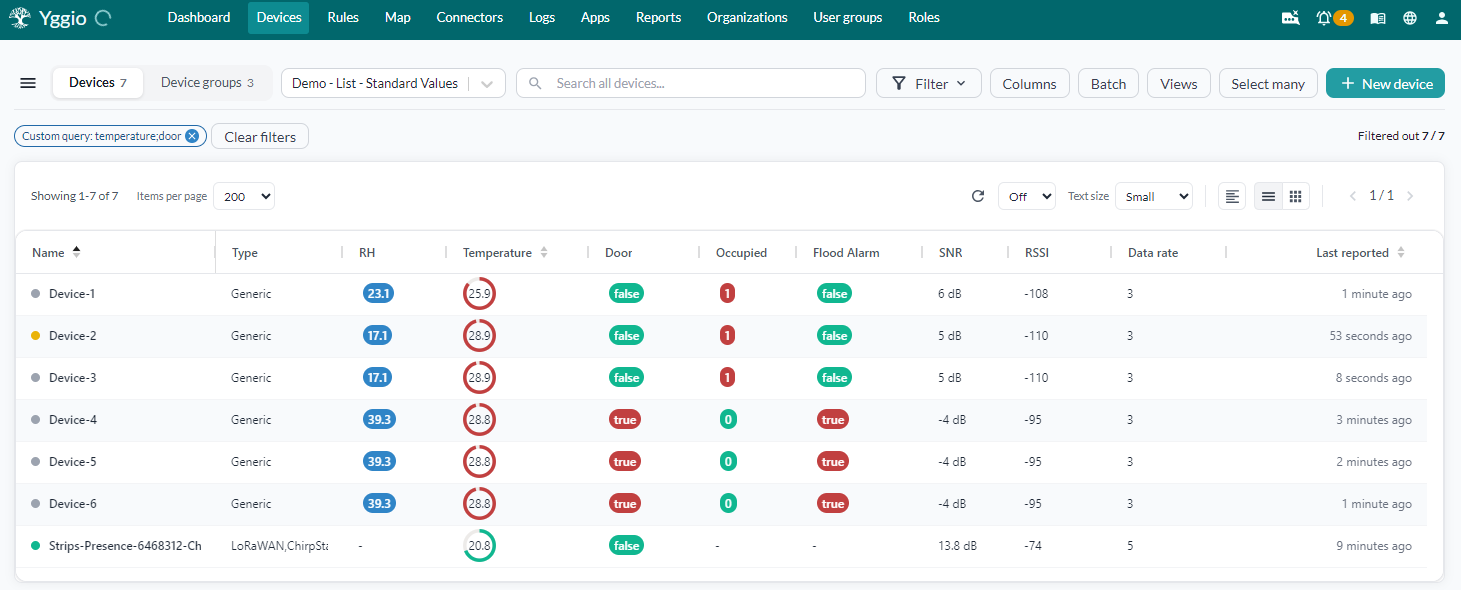 The device list showing devices with their values and when each last reported