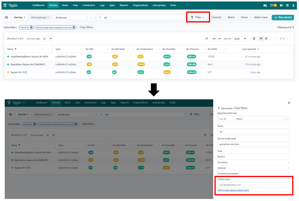 Reaching the custom query box: the Filter button above the device list, and the filter panel it opens with the Custom query box at the bottom