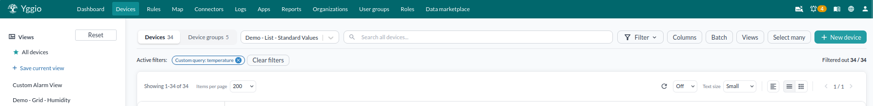 The device list toolbar: the Devices and Device groups tabs, the view selector, the search box, and the Filter, Columns, Batch, Views, Select many and New device buttons, with the active filter shown as a tag below