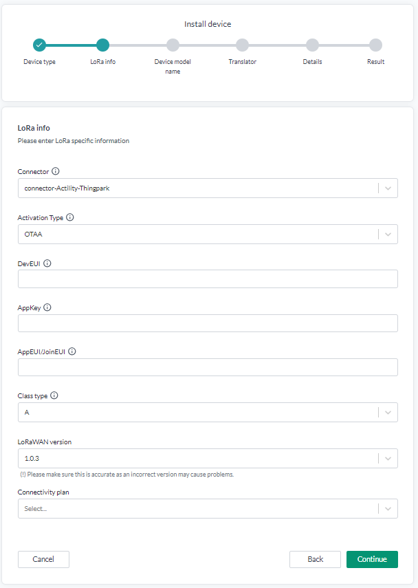 The Install device wizard on the LoRa info step, with the progress bar above showing Device type, LoRa info, Device model name, Translator, Details and Result, and fields for connector, activation type, DevEUI, AppKey, AppEUI/JoinEUI, class type, LoRaWAN version and connectivity plan