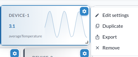 The widget cog menu in edit mode, with the Export option