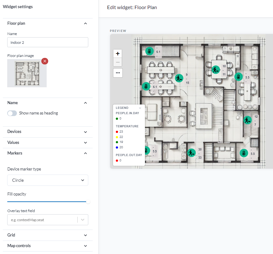 A Floor plan widget, with device markers and their values placed on a building drawing