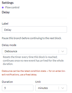 The Settings panel for the Delay block, with Delay mode set to Debounce, and Duration and Unit
