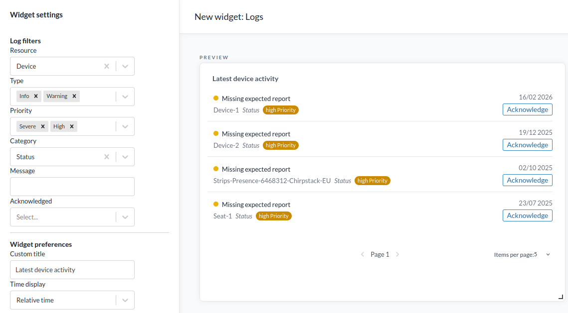 A Logs widget, listing recent device events with their category and time