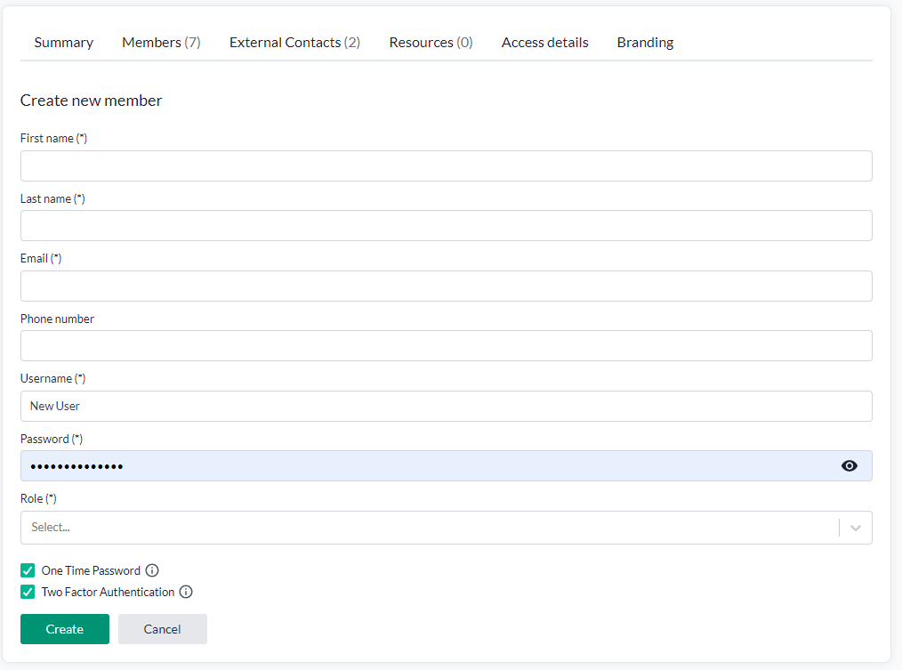 Creating a new organization member, with the name, email, username, password and role fields