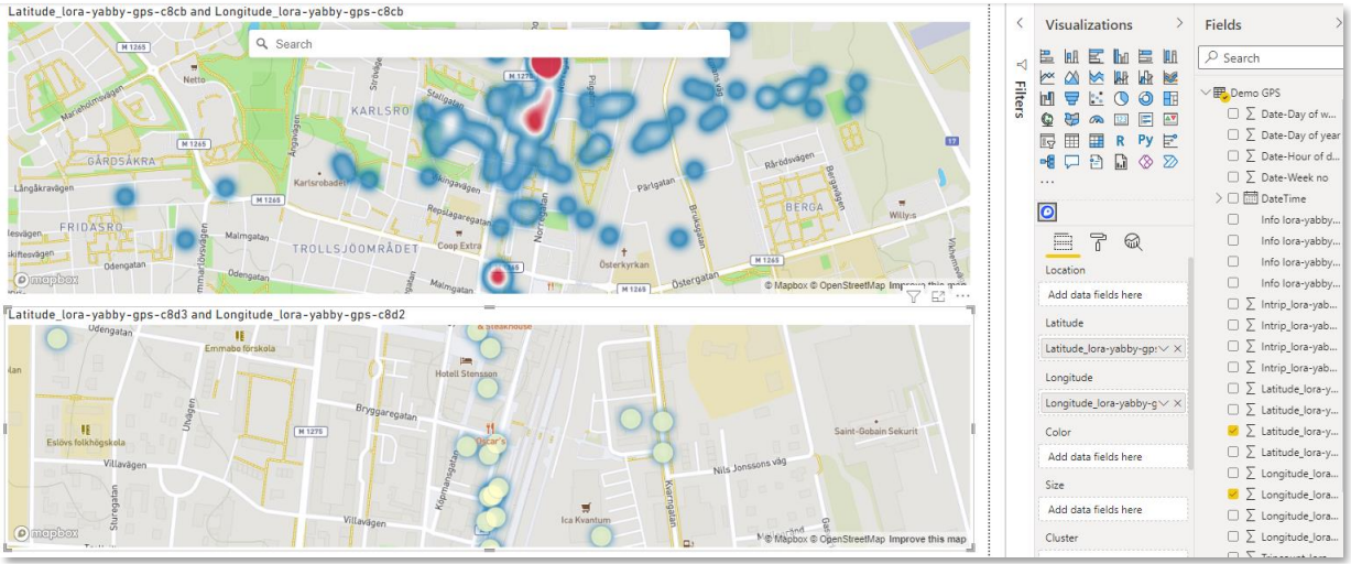 Figure 32: GPS heat maps with the 3rd-party MapBox widget; other widgets support asset movement tracking