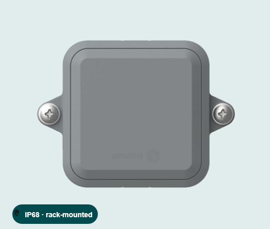 The Square Impact unit: a grey square enclosure with a screw-down mounting tab on each side, labelled IP68 and rack-mounted
