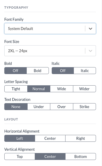 The Typography section, with font family, size, bold, italic, letter spacing and text decoration