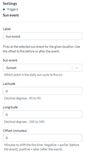 The Settings panel for the Sun event trigger, with Sun event, Latitude, Longitude and Offset in minutes