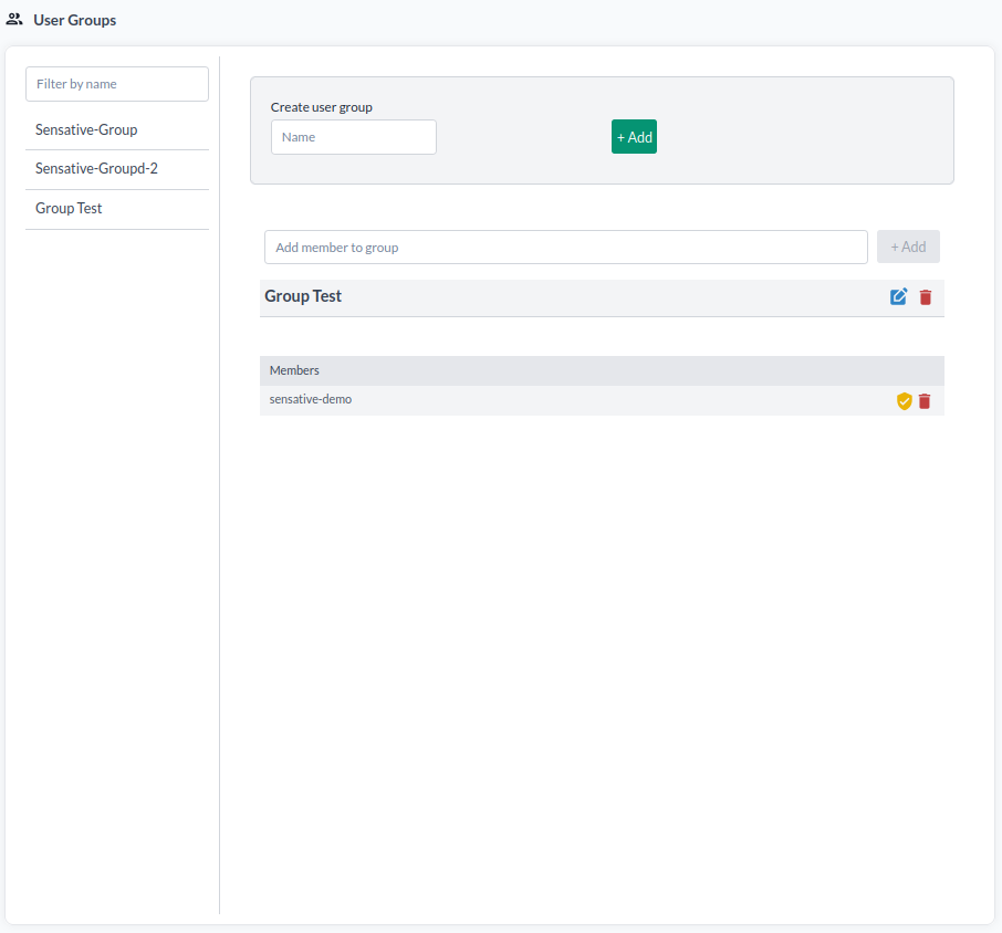 The User groups page, with the list of groups on the left and the selected group's members on the right