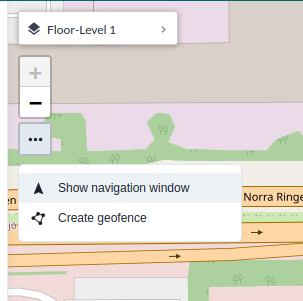 Die Drei-Punkte-Schaltfläche der Karte geöffnet, mit Show navigation window und Create geofence