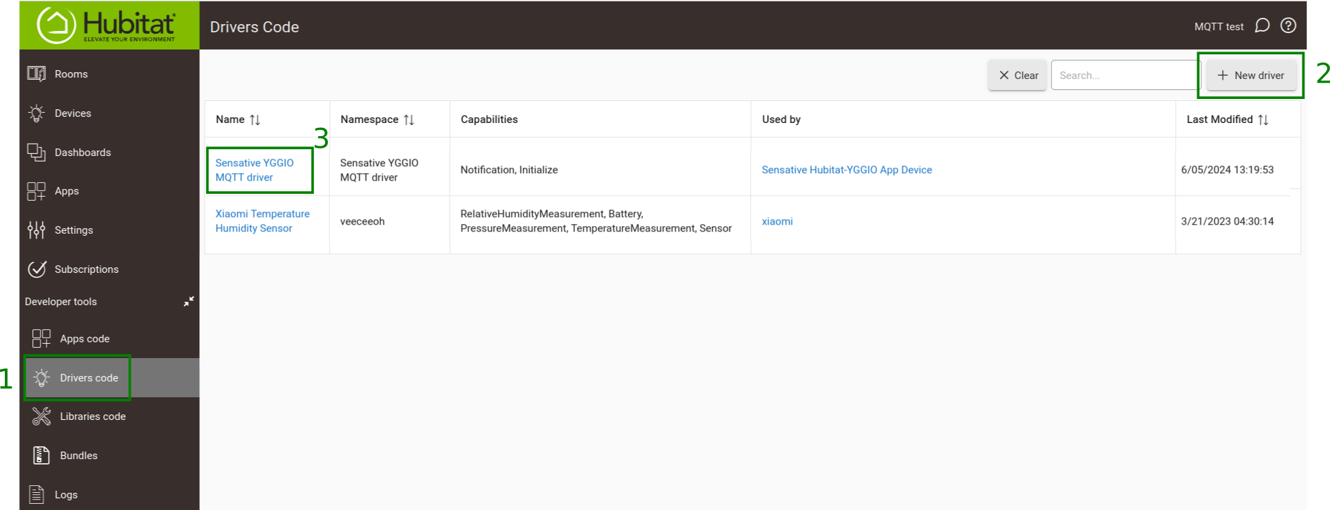 Die Installation des Yggio-Treibers in Hubitat im Editor Drivers Code