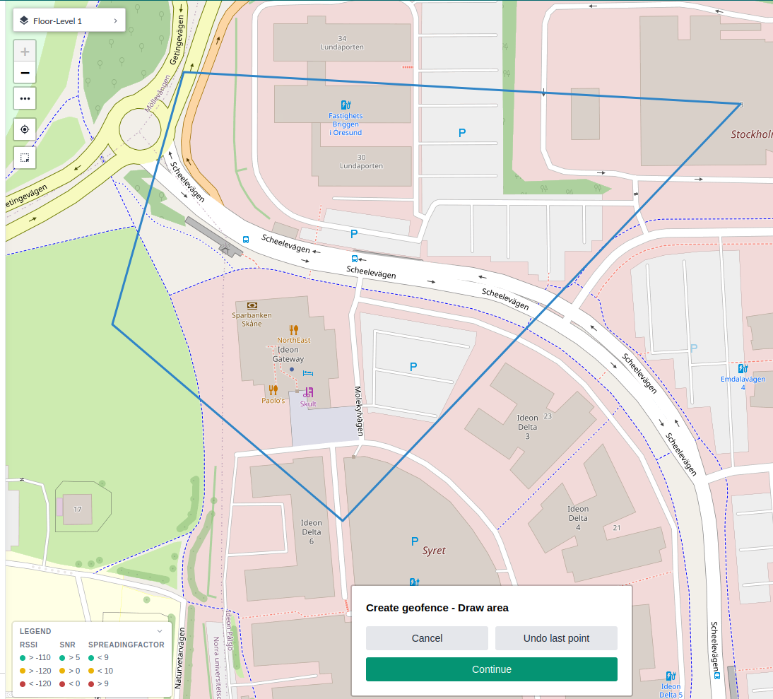Eine Geofence-Grenze auf der Karte zeichnen, mit dem Fenster Create geofence - Draw area und Cancel, Undo last point und Continue