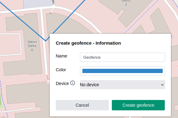 Der Dialog Create geofence - Information mit Name, Farbe und den optionalen Gerätefeldern