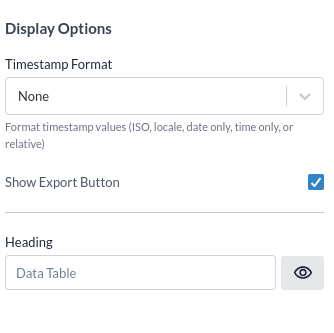 Der Abschnitt Display options mit Zeitstempelformat, dem Schalter für die Exportschaltfläche und der Überschrift