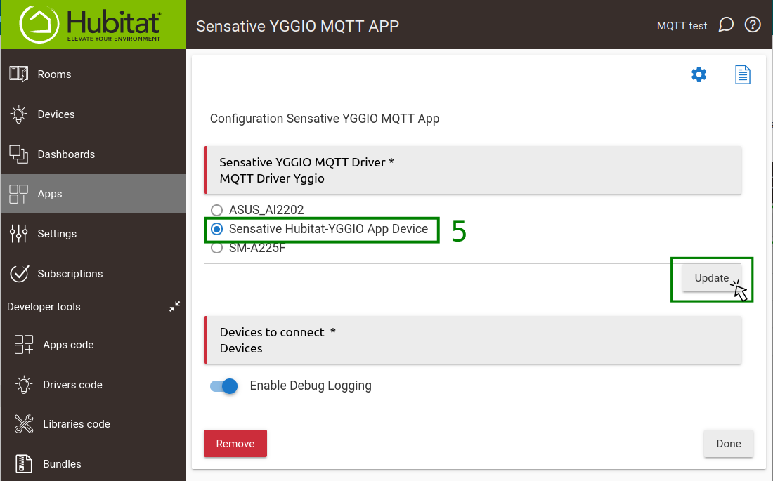 Die Sensative-App in Hubitat, zweiter Konfigurationsbildschirm