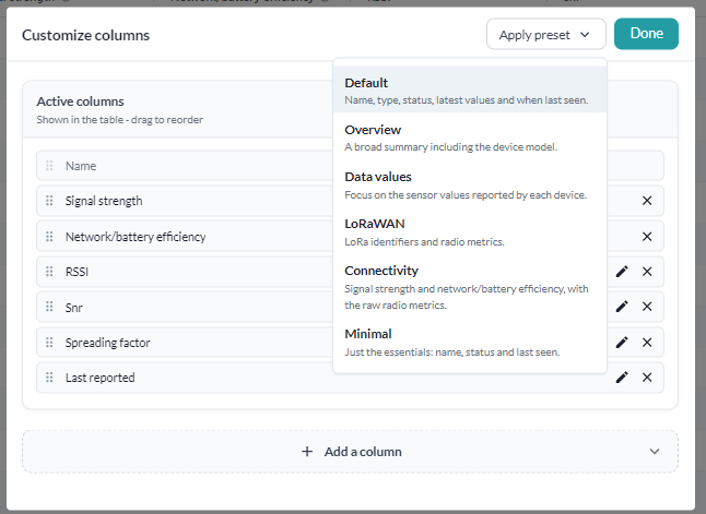 Das Dropdown Apply preset in Customize columns geöffnet, mit Default, Overview, Data values, LoRaWAN, Connectivity und Minimal und je einer Zeile Beschreibung