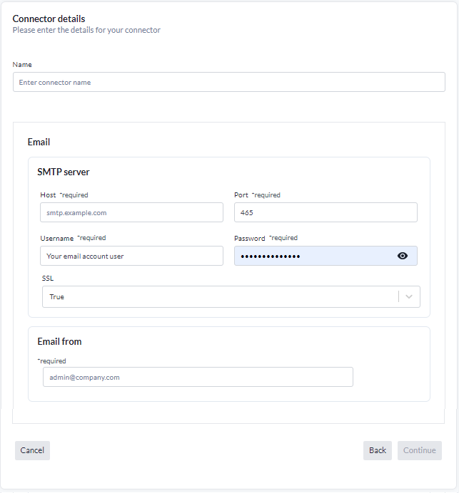 Angaben zum Email-Connector, mit Hostname, Port, Benutzername, Passwort und SSL des SMTP-Servers sowie der erforderlichen Absenderadresse