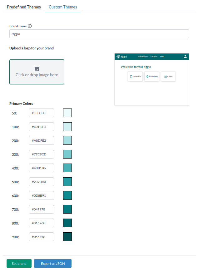 Der Reiter Custom Themes, mit Markenname, Logo-Upload, den zehn Primärfarbabstufungen und einer Live-Vorschau des gebrandeten Kopfbereichs