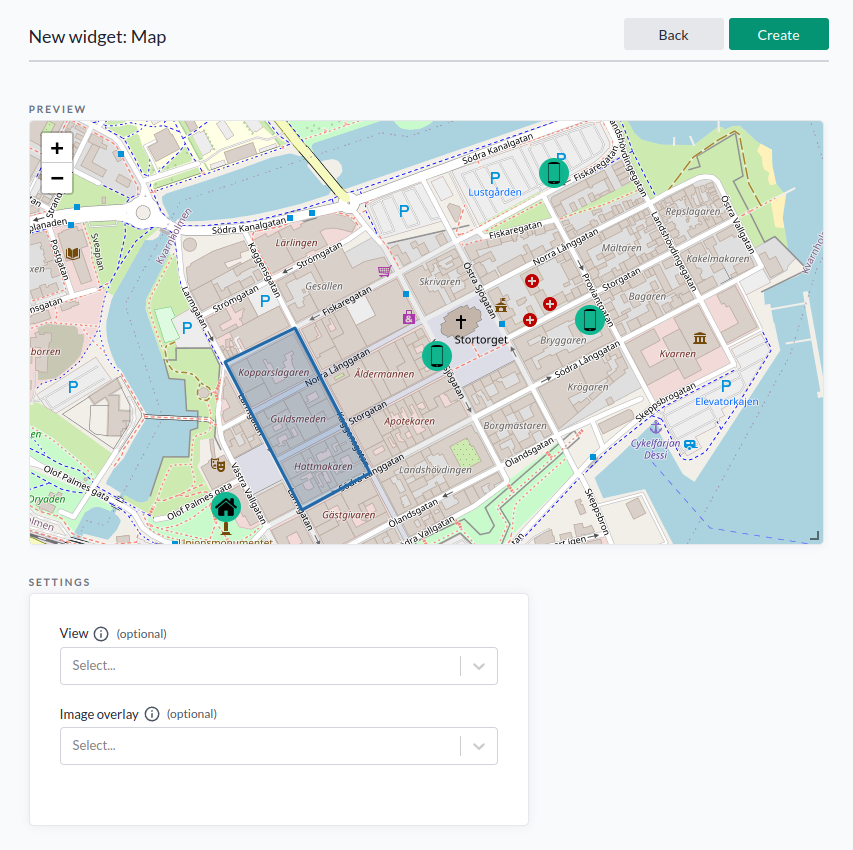 Das Map-Widget auf einem Dashboard mit Gerätemarkierungen auf einer Straßenkarte