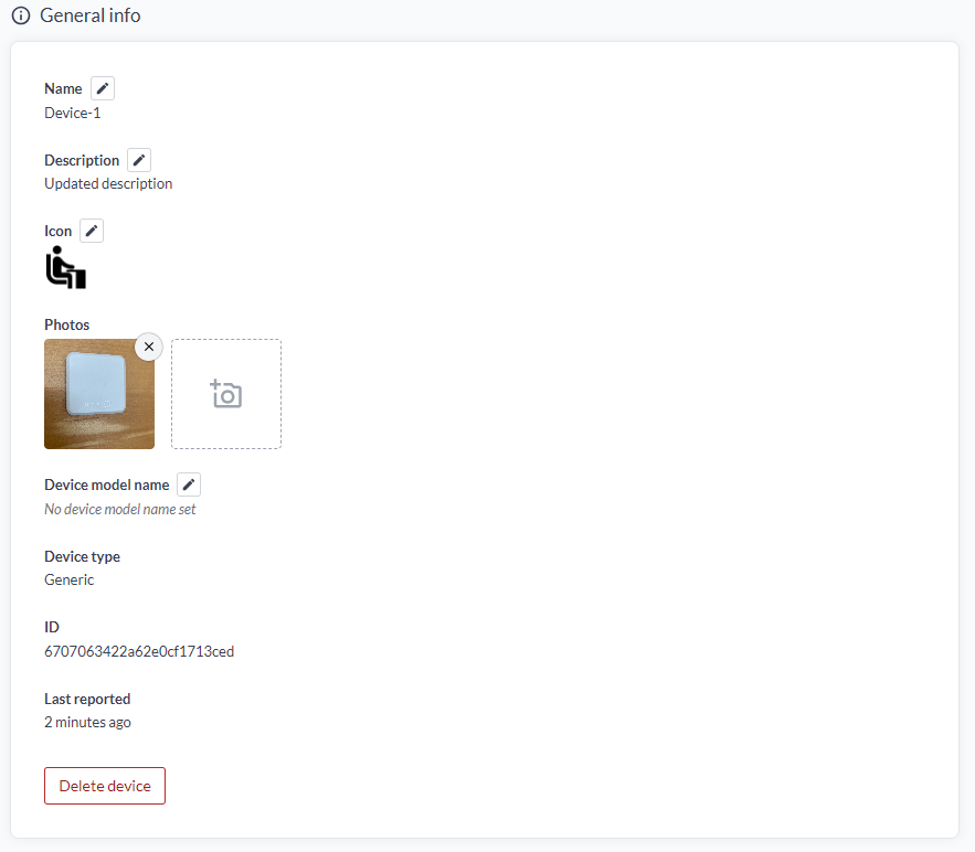 Der Abschnitt General info mit Name, Beschreibung, Icon, Fotos, Gerätemodellname, Gerätetyp, ID und letzter Meldung sowie einer Schaltfläche Delete device