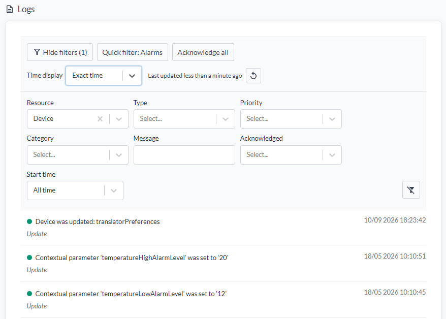 Der Abschnitt Logs mit geöffnetem Filterfenster für Resource, Type, Priority, Category, Message, Acknowledged und Start time und Logeinträgen mit Kategorie und exakten Zeitstempeln