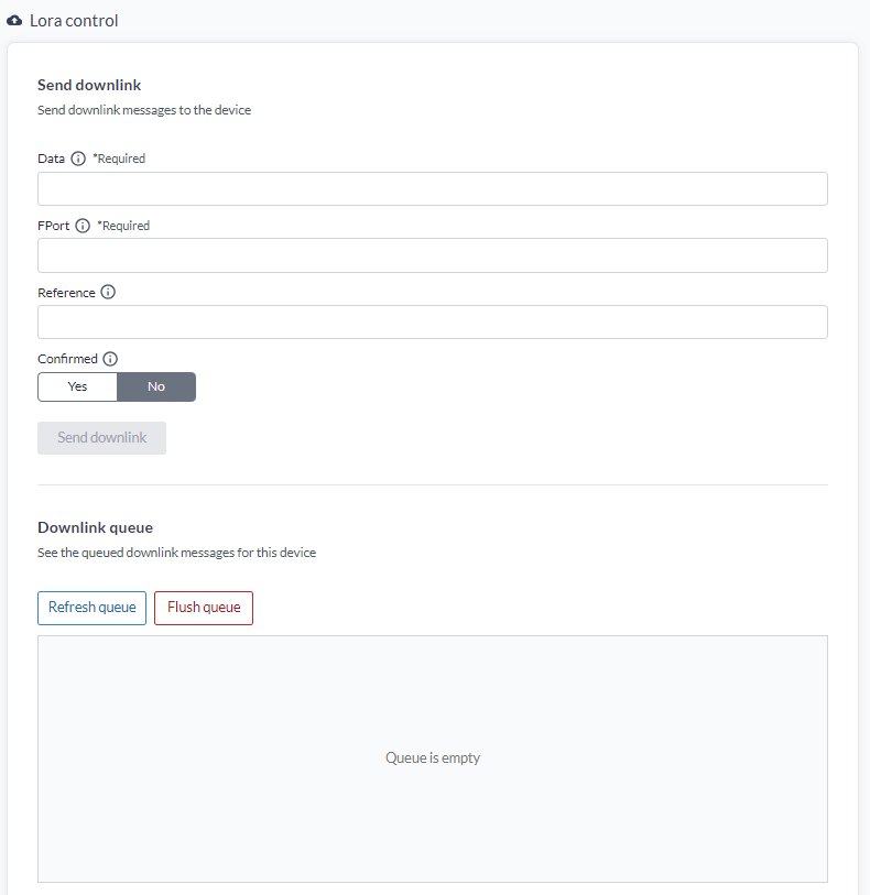 Der Abschnitt LoRaWAN control mit dem Formular Send downlink für Data, FPort, Reference und Confirmed und der Downlink-Warteschlange darunter mit den Schaltflächen Refresh queue und Flush queue