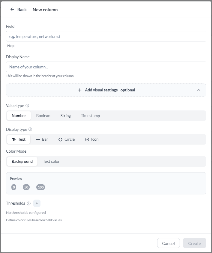 Der Dialog New column: die Felder Field und Display Name und die optionalen visuellen Einstellungen mit Wertetyp, Anzeigetyp, Farbmodus, einer Vorschau und den Schwellenregeln