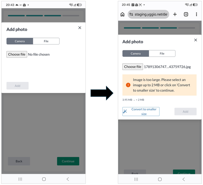 Der Dialog Add photo auf einem Telefon, mit den Reitern Camera und File, und der Warnung zu großer Bilder, die Convert to smaller size anbietet