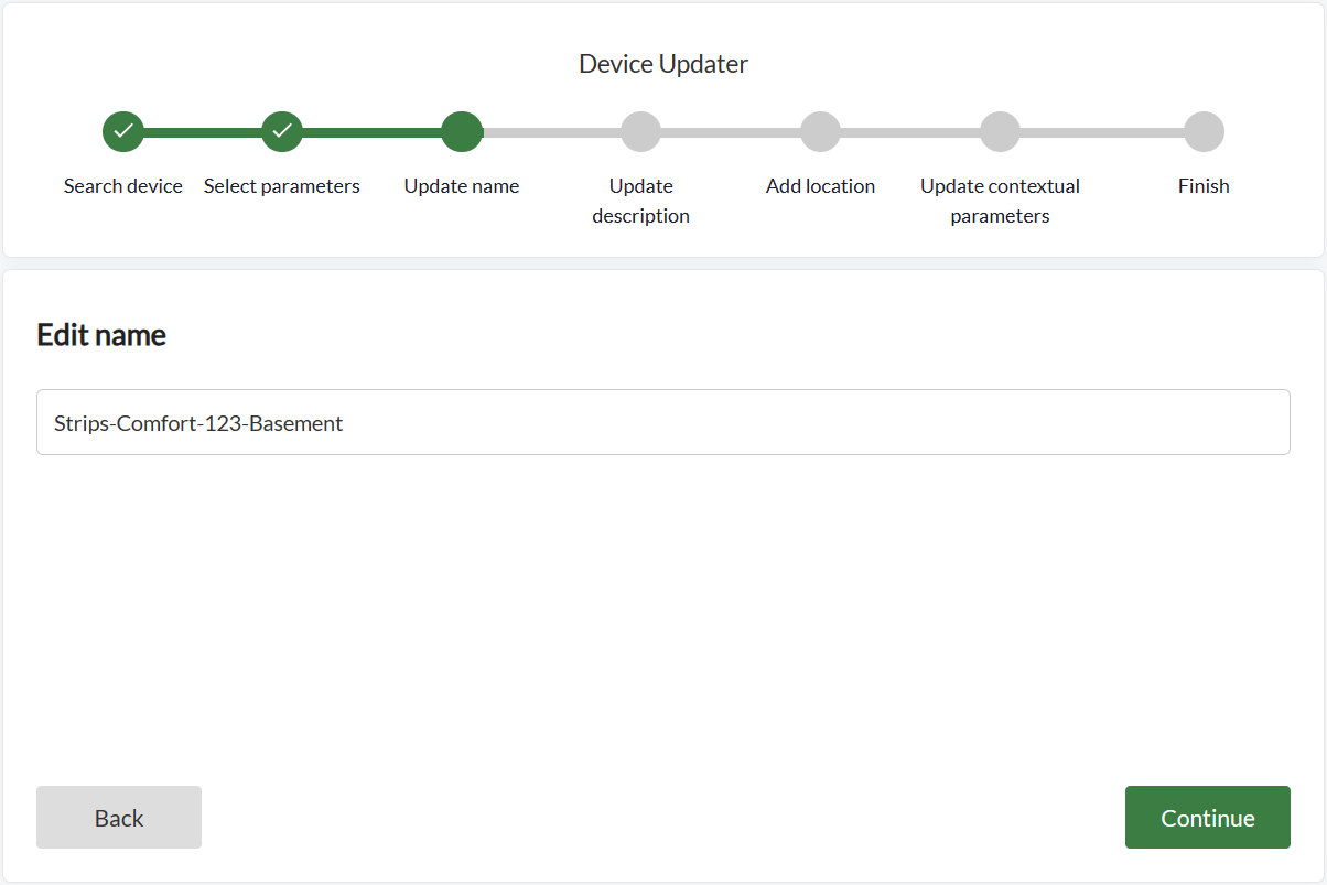 Einer der Bearbeitungsschritte in der Anleitung des Device Updater, mit Back und Continue unter dem Feld