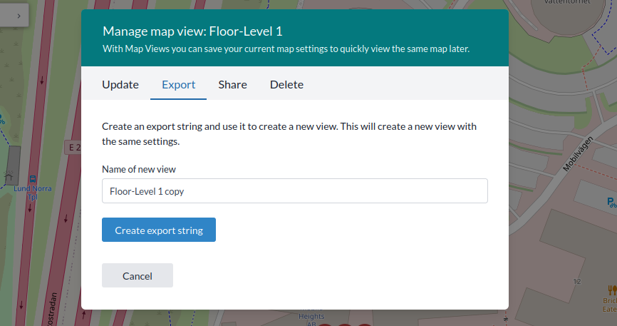 Der Tab Export view mit der Schaltfläche Create export string
