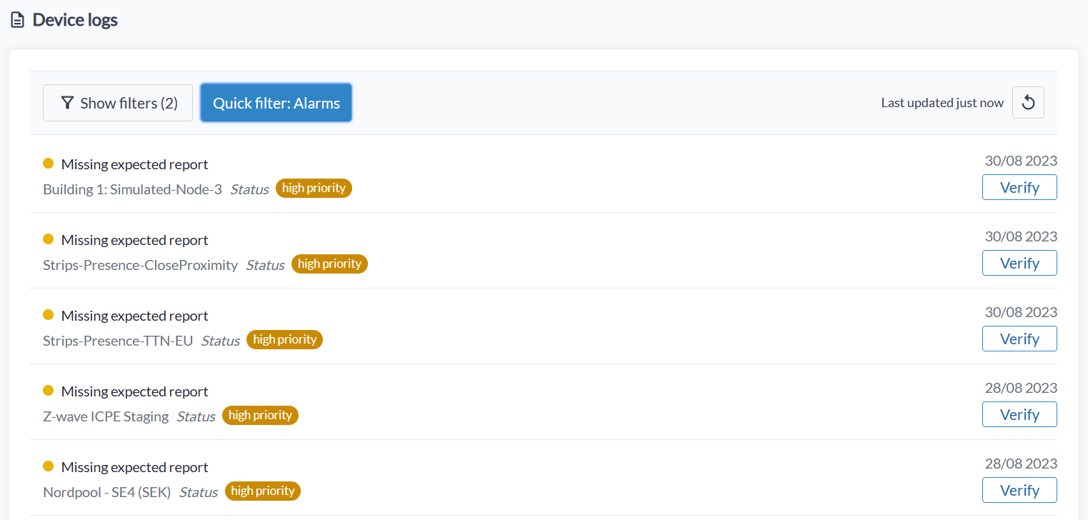 Die Log-Liste mit aktivem Alarms-Schnellfilter, die Einträge zu ausgebliebenen Meldungen mit ihrer Prioritäts-Pille und einer Quittieren-Schaltfläche je Zeile auflistet