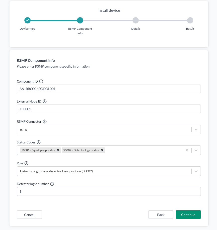 Der Schritt RSMP Component info in Gerät installieren, mit Komponenten-ID, externer Knoten-ID, Connector, Statuscodes, Rolle und Detektorlogiknummer