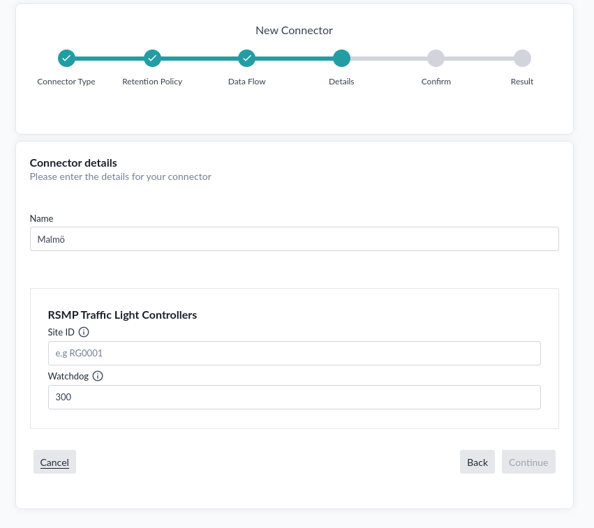 Angaben zum RSMP-Connector, mit den Feldern Site ID und Watchdog