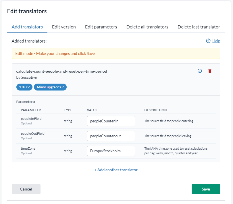 Das Fenster Edit translators im Tab Add translators, mit den fünf Tabs, einem Translator mit Version und Upgrade-Richtlinie, seiner Parametertabelle und der Overview darunter, die die Translators jedes Geräts auflistet