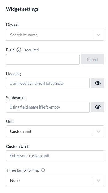 The Device Value settings panel, with the device, field, heading, subheading, unit and timestamp format