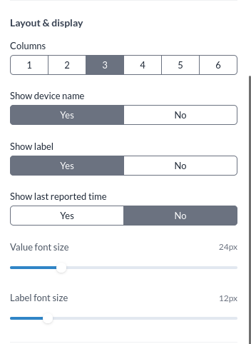 The Layout section, with columns, the name, label and timestamp toggles, and the font sizes