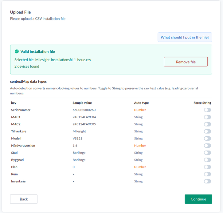 The contextMap data types panel on the Upload File step, listing each parameter with its sample value, the auto-detected type, and a Force String toggle