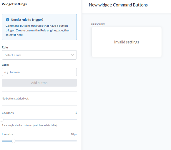 The Command buttons settings, with the rule and trigger selectors, the button label, and the list of added buttons